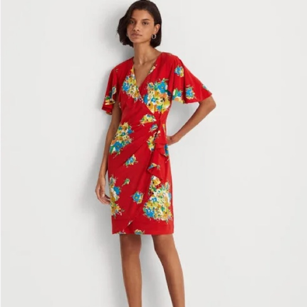 Lauren Ralph Lauren Floral Ruffle-Trim Jersey Dress EUC